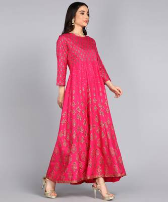 women rayon printed anarkali kurta in pink 3