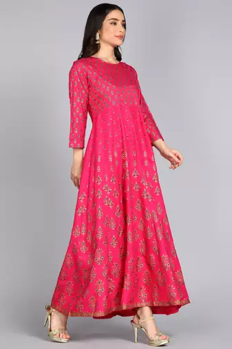 women rayon printed anarkali kurta in pink