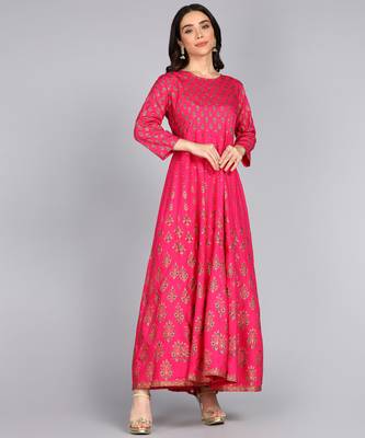 women rayon printed anarkali kurta in pink 4