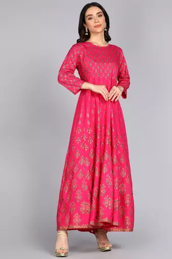 women rayon printed anarkali kurta in pink