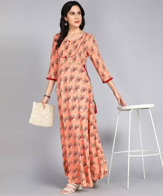 women rayon embllished floral anarkali kurta in peach 1