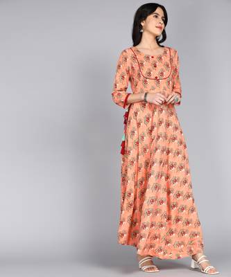 women rayon embllished floral anarkali kurta in peach 4