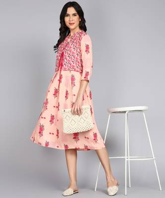 women rayon floral printed jacketed kurta in pink 1