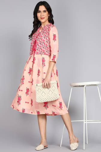 Ftdiva women rayon floral printed jacketed kurta in pink
