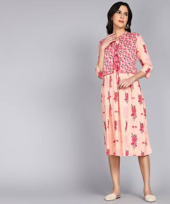 women rayon floral printed jacketed kurta in pink 3