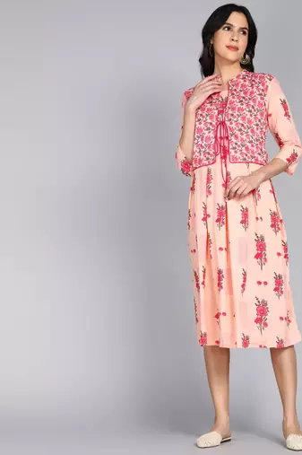 women rayon floral printed jacketed kurta in pink