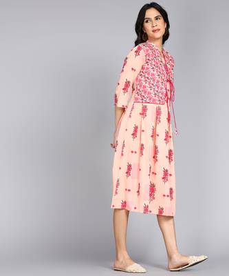 women rayon floral printed jacketed kurta in pink 4