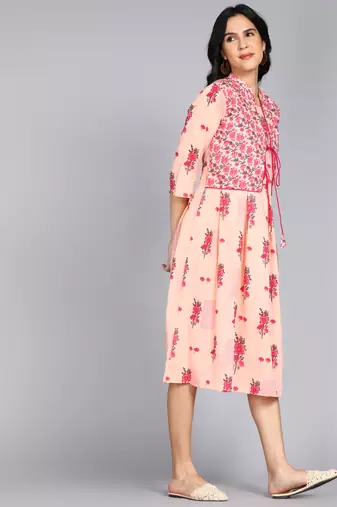 women rayon floral printed jacketed kurta in pink