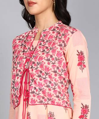 women rayon floral printed jacketed kurta in pink 5