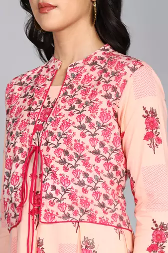 women rayon floral printed jacketed kurta in pink