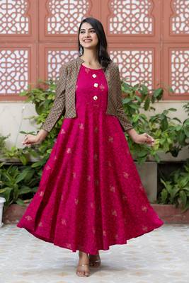 women rayon floral print anarkali jacketed kurta in pink 1