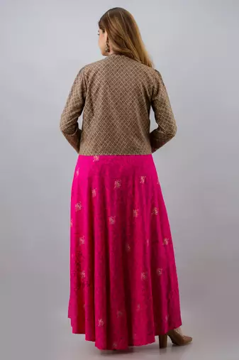 women rayon floral print anarkali jacketed kurta in pink