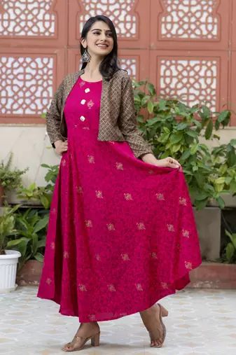 women rayon floral print anarkali jacketed kurta in pink