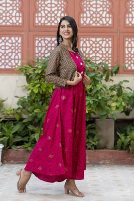 women rayon floral print anarkali jacketed kurta in pink 4