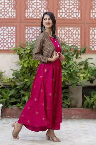 women rayon floral print anarkali jacketed kurta in pink