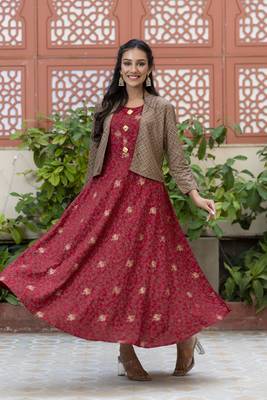 women rayon floral print anarkali jacketed kurta in maroon 1