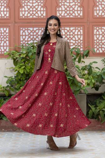 Ftdiva women rayon floral print anarkali jacketed kurta in maroon