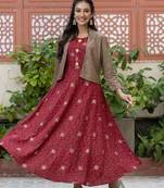 women rayon floral print anarkali jacketed kurta in maroon