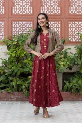 women rayon floral print anarkali jacketed kurta in maroon 3