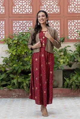 women rayon floral print anarkali jacketed kurta in maroon 4