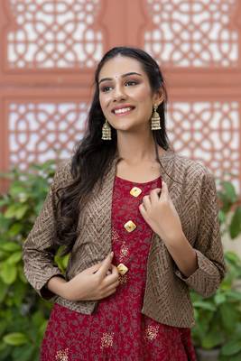 women rayon floral print anarkali jacketed kurta in maroon 5