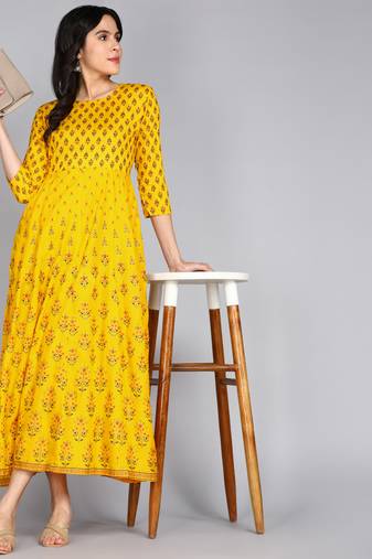 Ftdiva women rayon printed anarkali kurta in yellow