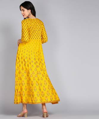 Ftdiva women rayon printed anarkali kurta in yellow 2