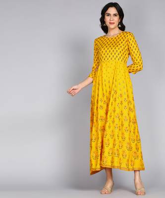 Ftdiva women rayon printed anarkali kurta in yellow 3