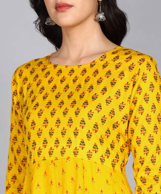 Ftdiva women rayon printed anarkali kurta in yellow 5