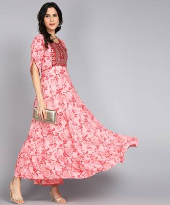 women rayon embroidered floral printed anarkali kurta in pink 1