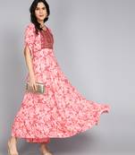 women rayon embroidered floral printed anarkali kurta in pink