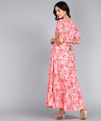 women rayon embroidered floral printed anarkali kurta in pink 2