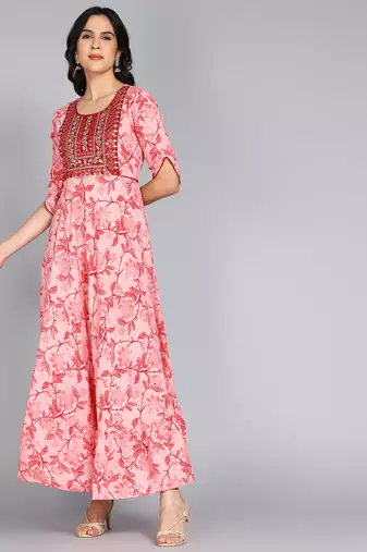 women rayon embroidered floral printed anarkali kurta in pink