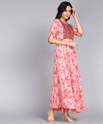 women rayon embroidered floral printed anarkali kurta in pink 4