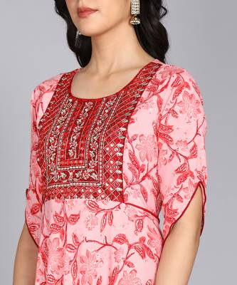 women rayon embroidered floral printed anarkali kurta in pink 5