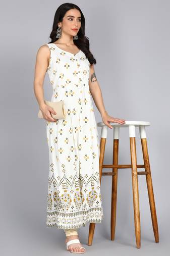 Ftdiva women rayon frontslit floral printe flared kurta in white