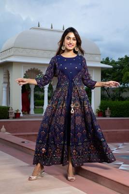 women rayon paisley embroidered anarkali kurta in blue 1