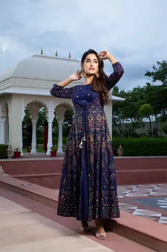 women rayon paisley embroidered anarkali kurta in blue