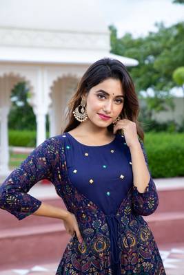women rayon paisley embroidered anarkali kurta in blue 4