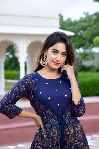 women rayon paisley embroidered anarkali kurta in blue