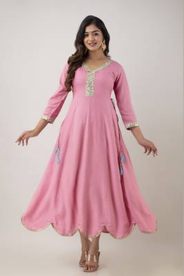 Ftdiva women rayon embroidered printed anarkali kurta in baby pink 3