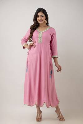 Ftdiva women rayon embroidered printed anarkali kurta in baby pink 4