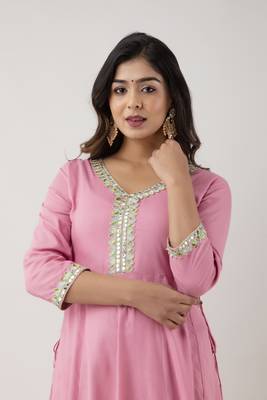 Ftdiva women rayon embroidered printed anarkali kurta in baby pink 5