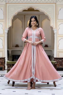 Ftdiva women rayon embroidered printed anarkali kurta in lite pink 1