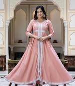 Ftdiva women rayon embroidered printed anarkali kurta in lite pink