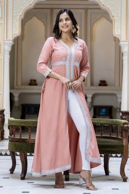 Ftdiva women rayon embroidered printed anarkali kurta in lite pink 3