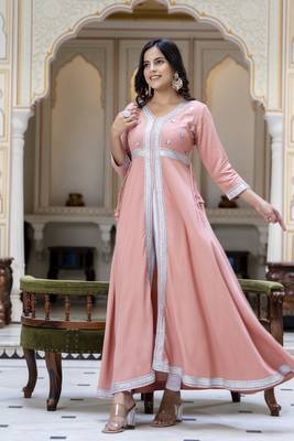 Ftdiva women rayon embroidered printed anarkali kurta in lite pink 4