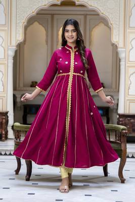 women rayon embroidered printed anarkali kurta in maroon 1