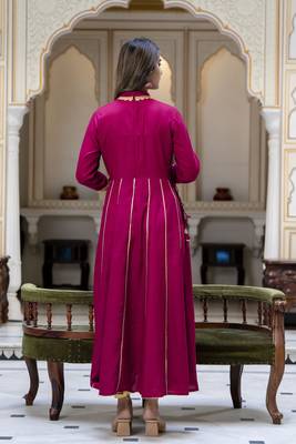 women rayon embroidered printed anarkali kurta in maroon 2