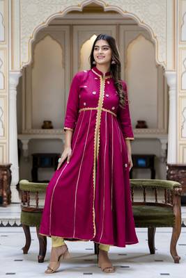 women rayon embroidered printed anarkali kurta in maroon 3